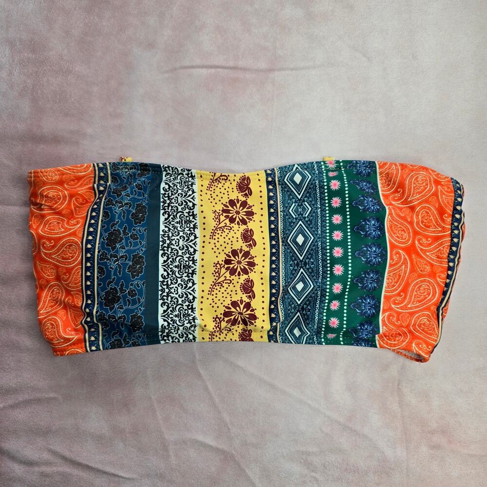 Orange‎ Blue Floral Paisley Padded Bikini Top Swimwear Medium